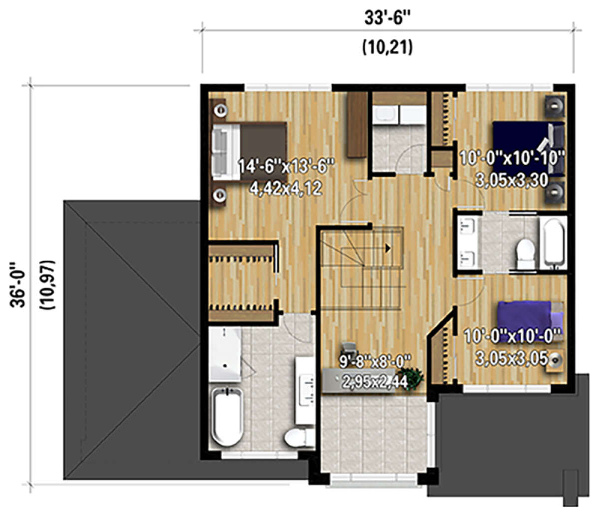 Upper floor plan with primary suite, two bedrooms, two bathrooms and a study