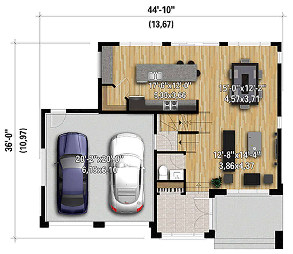 Main floor plan with two-car garage, kitchen, dining room, living room and powder room