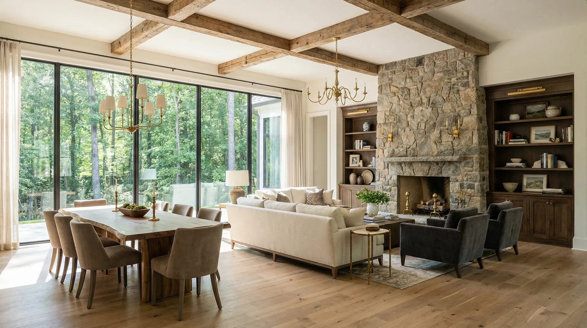 Open living and dining room with a stone fireplace and tall windows facing the woods
