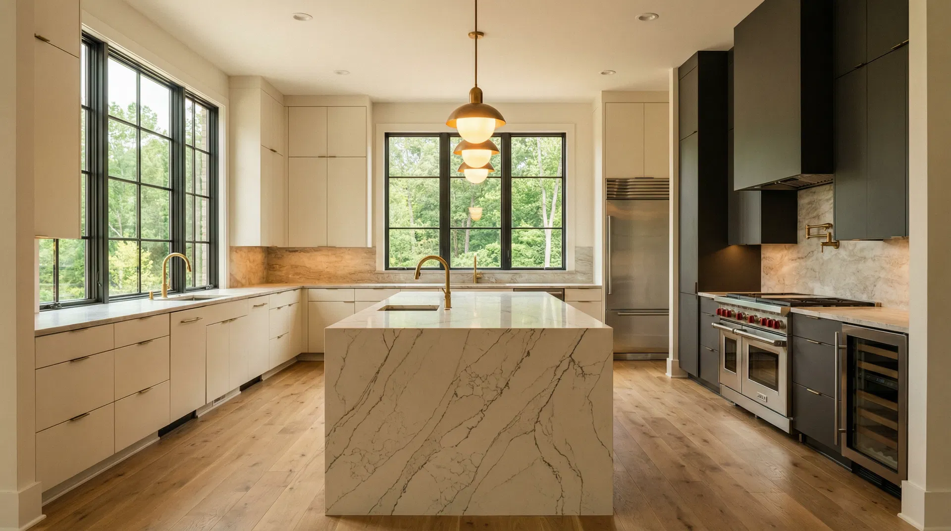 Kitchen with a marble island, flat-panel cabinets and black-framed windows