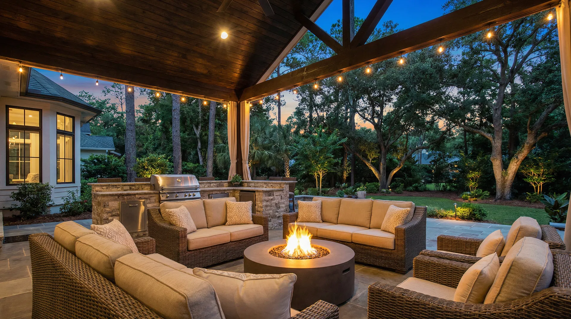 Covered patio with outdoor sofas around a fire pit at dusk