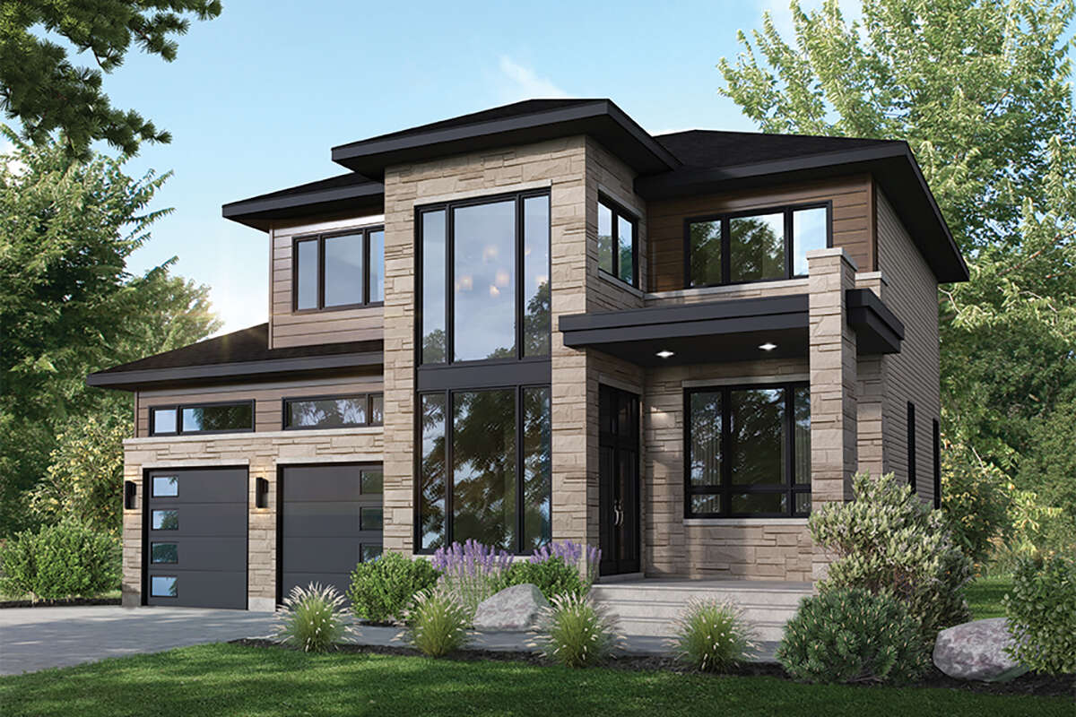 Rendering of a two-story modern house with stone and wood cladding, black window frames and a two-car garage